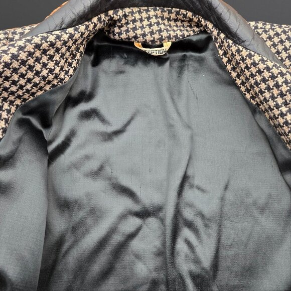Vintage 80s Long Houndstooth Coat Womens Size M Black Beige Leather Collar - Picture 8 of 11